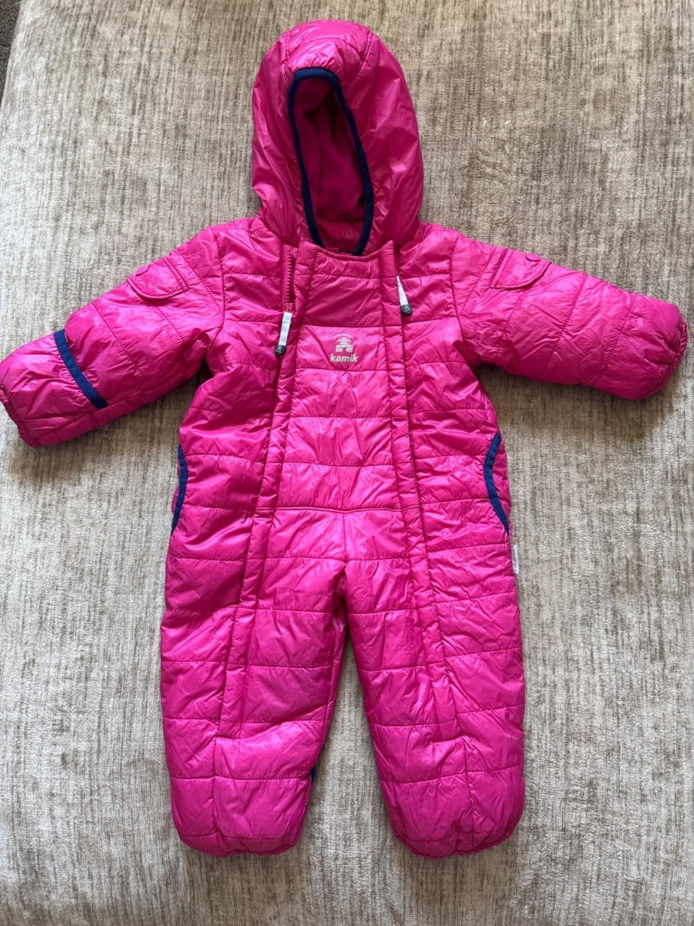 Kamik Hot Pink Hooded Insulated One-Piece Snowsuit with Navy Trim